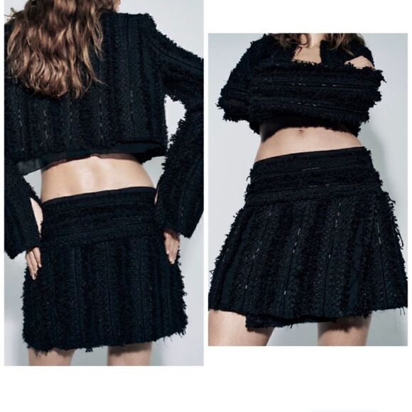 Zara Black Textured fabric High waist Mini Skirt Limited Edition tonal beads NWT - Picture 6 of 13